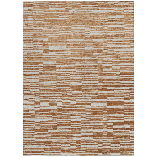 9' X 12' Orange And Beige Striped Washable Indoor Outdoor Area Rug