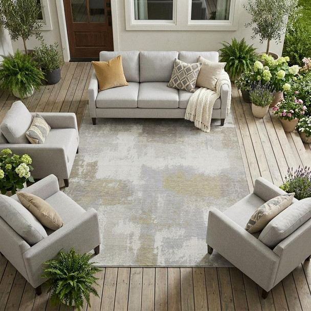 9' X 12' Ivory And Silver Abstract Washable Indoor Outdoor Area Rug