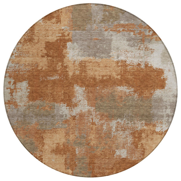 8' Orange And Brown Round Abstract Washable Indoor Outdoor Area Rug