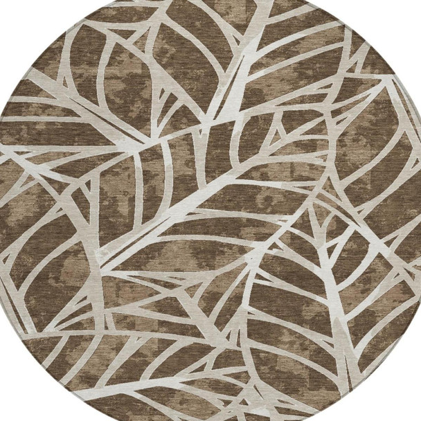 8' Chocolate And Brown Round Botanical Leaves Washable Indoor Outdoor Area Rug