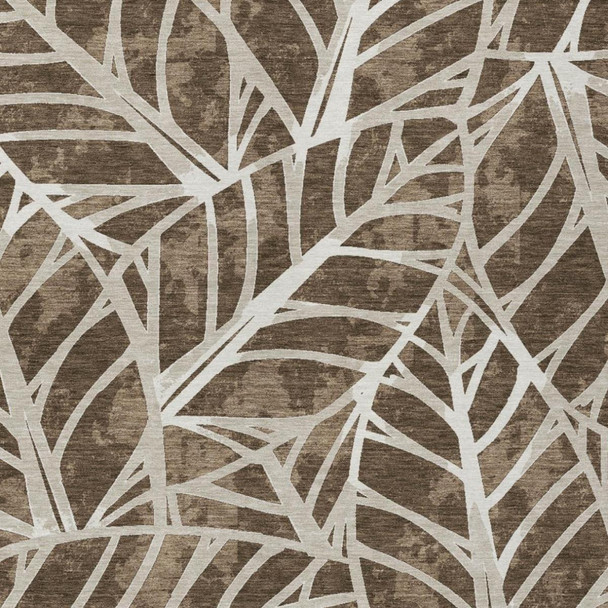 9' X 12' Chocolate And Brown Botanical Leaves Washable Indoor Outdoor Area Rug