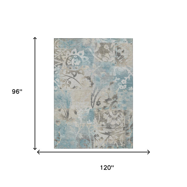 8' X 10' Teal Blue And Silver Botanical Leaves Washable Indoor Outdoor Area Rug