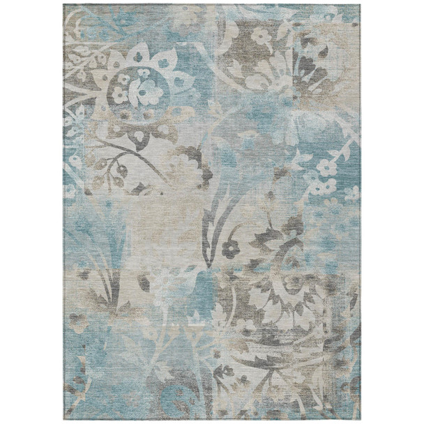 9' X 12' Teal Blue And Silver Botanical Leaves Washable Indoor Outdoor Area Rug