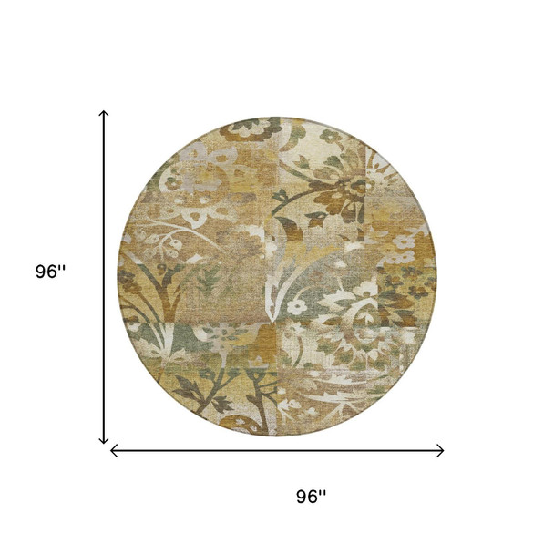 8' Walnut And Gold Round Botanical Leaves Washable Indoor Outdoor Area Rug