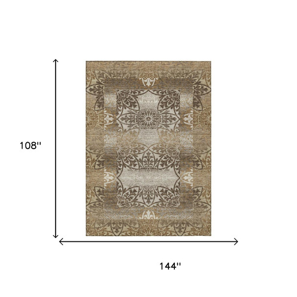 9' X 12' Brown And Beige Oriental Washable Indoor Outdoor Area Rug