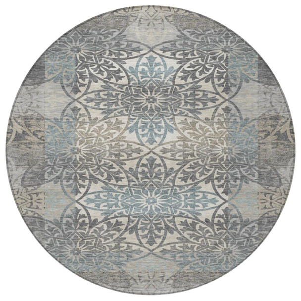 8' Gray And Silver Round Oriental Washable Indoor Outdoor Area Rug