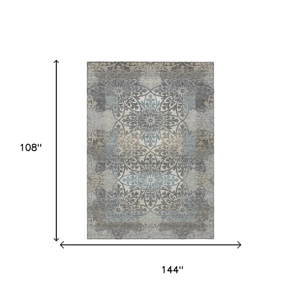 9' X 12' Gray And Silver Oriental Washable Indoor Outdoor Area Rug