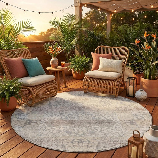 8' Ivory And Silver Round Oriental Washable Indoor Outdoor Area Rug