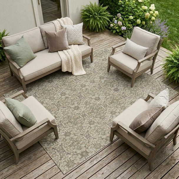 10' X 14' Beige And Brown Oriental Washable Indoor Outdoor Area Rug