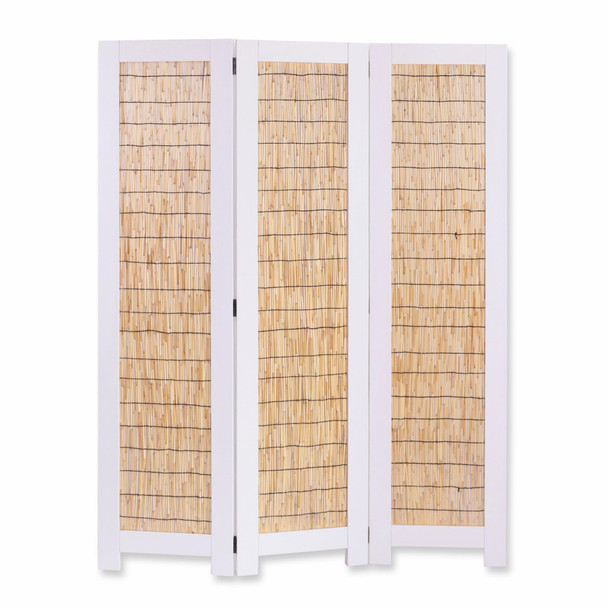 67" Natural And White Wood Folding Three Panel Screen Room Divider