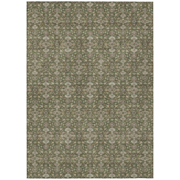 5' X 8' Olive Green And Green Oriental Washable Indoor Outdoor Area Rug