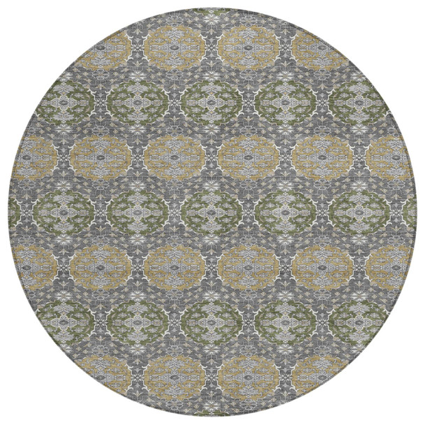 8' Gray And Graphite Round Striped Washable Indoor Outdoor Area Rug