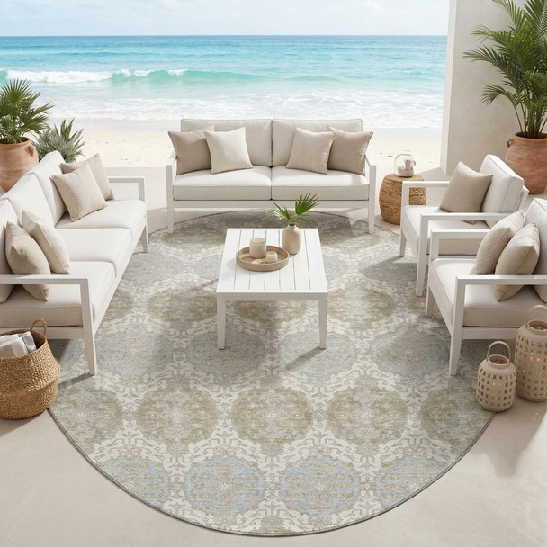 8' Ivory And Silver Round Striped Washable Indoor Outdoor Area Rug
