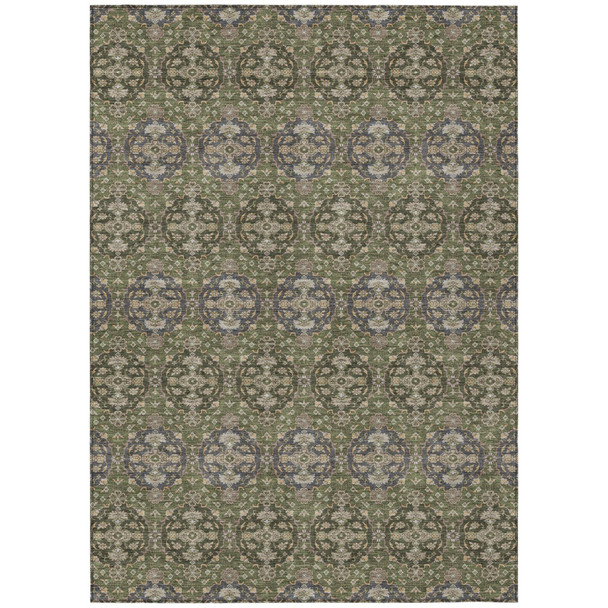 3' X 5' Olive Green And Green Striped Washable Indoor Outdoor Area Rug
