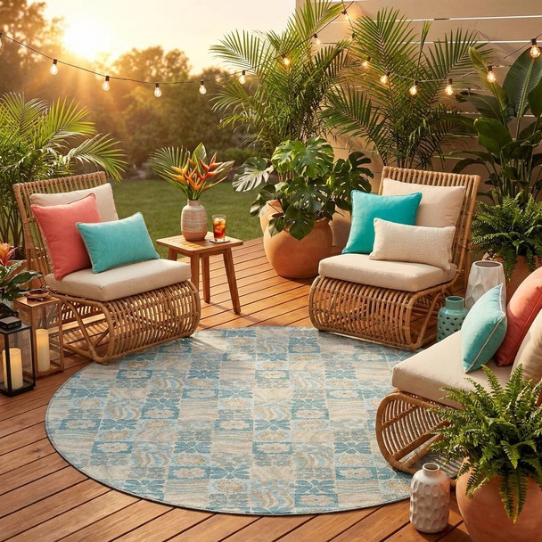 8' Teal Blue And Silver Round Floral Washable Indoor Outdoor Area Rug