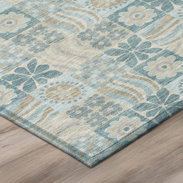 9' X 12' Teal Blue And Silver Floral Washable Indoor Outdoor Area Rug