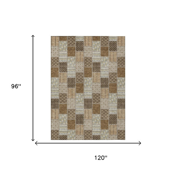 8' X 10' Chocolate And Brown Patchwork Washable Indoor Outdoor Area Rug