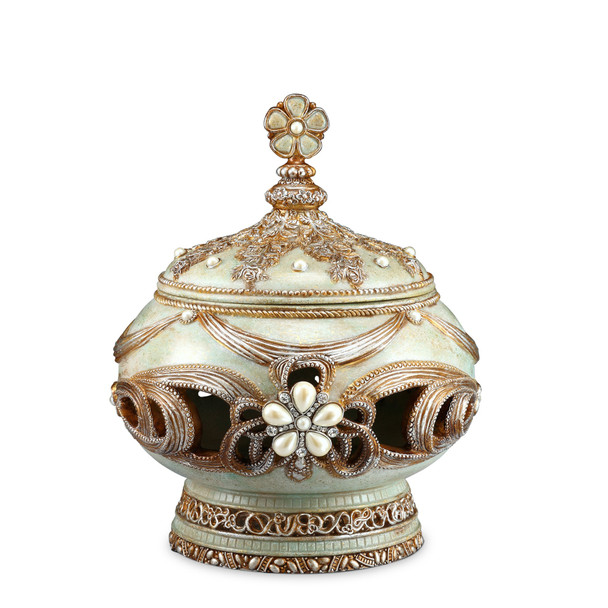 9" Bronze Gold And Light Green Resin Floral Scroll Jewelry Box With Gemstones and Crystals