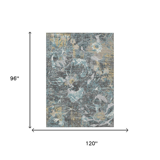 8' X 10' Gray And Graphite Floral Washable Indoor Outdoor Area Rug