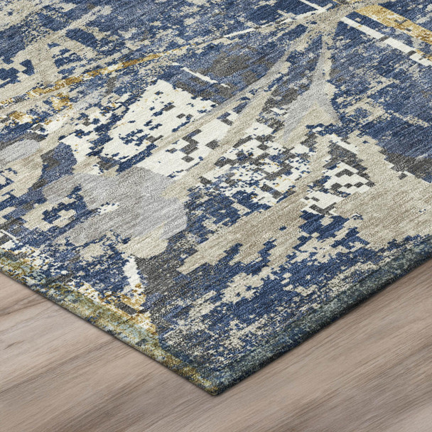 8' Navy Blue And Blue Round Floral Washable Indoor Outdoor Area Rug