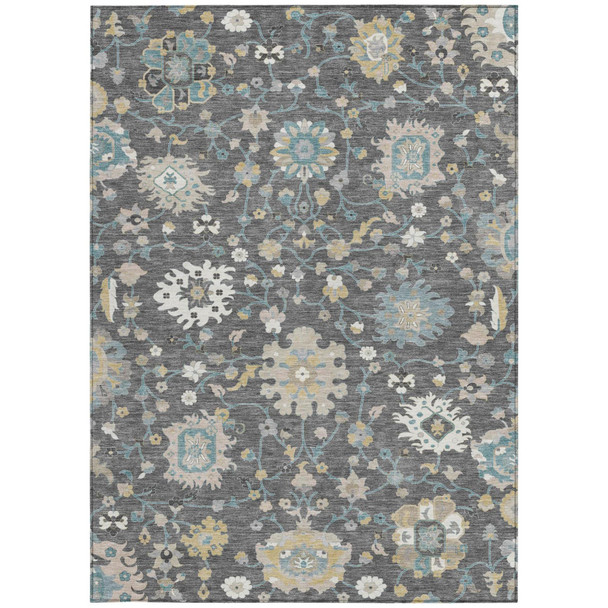 8' X 10' Gray And Graphite Floral Washable Indoor Outdoor Area Rug