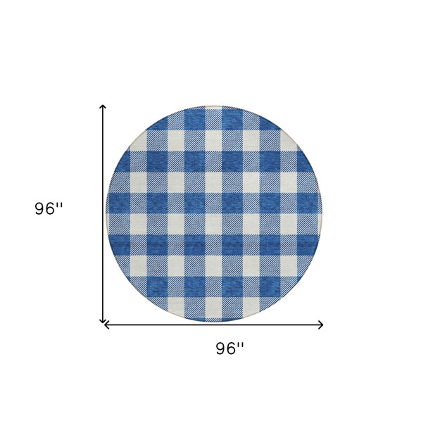 8' Navy Blue And Gray Round Plaid Washable Indoor Outdoor Area Rug