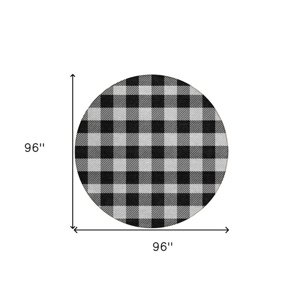8' Black Gray And Ivory Round Plaid Washable Indoor Outdoor Area Rug
