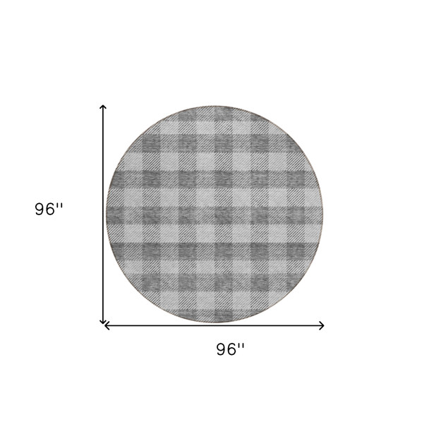 8' Gray And Charcoal Round Plaid Washable Indoor Outdoor Area Rug
