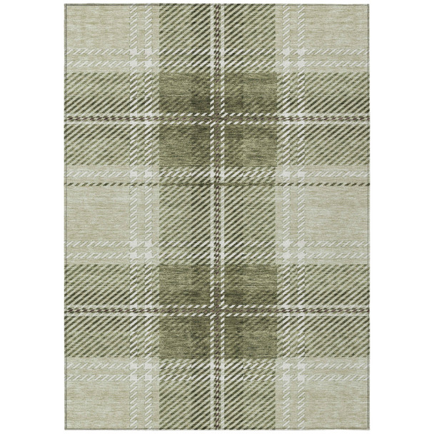 8' X 10' Artichoke Green Brown And Ivory Plaid Washable Indoor Outdoor Area Rug