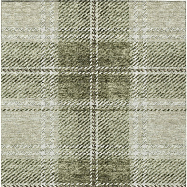 10' X 14' Artichoke Green Brown And Ivory Plaid Washable Indoor Outdoor Area Rug