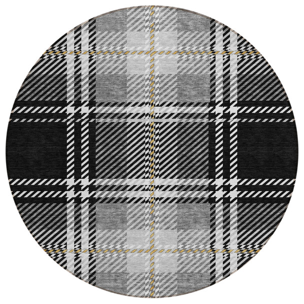 8' Black Gold And Gray Round Plaid Washable Indoor Outdoor Area Rug
