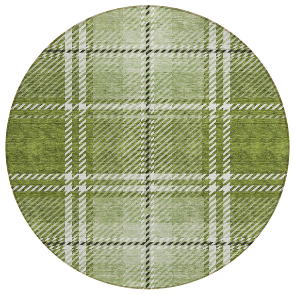 8' Green Black And Ivory Round Plaid Washable Indoor Outdoor Area Rug