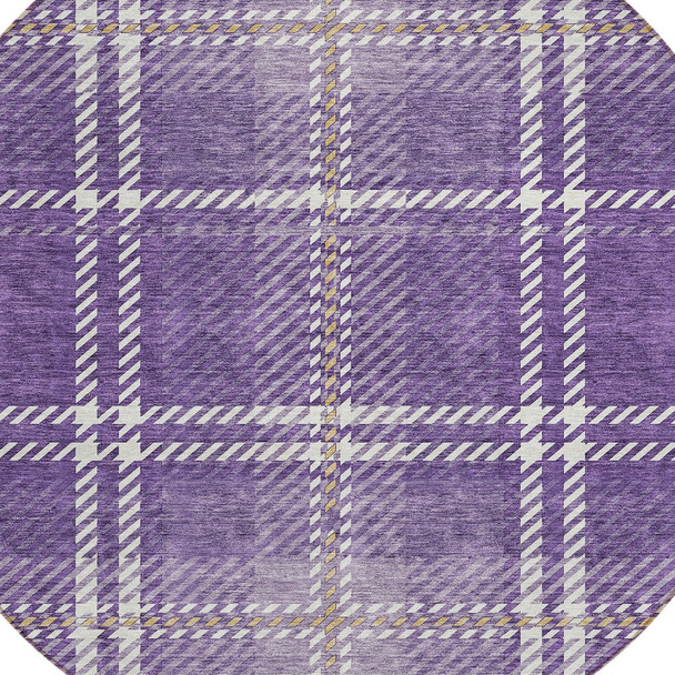 8' Purple Gold And Ivory Round Plaid Washable Indoor Outdoor Area Rug