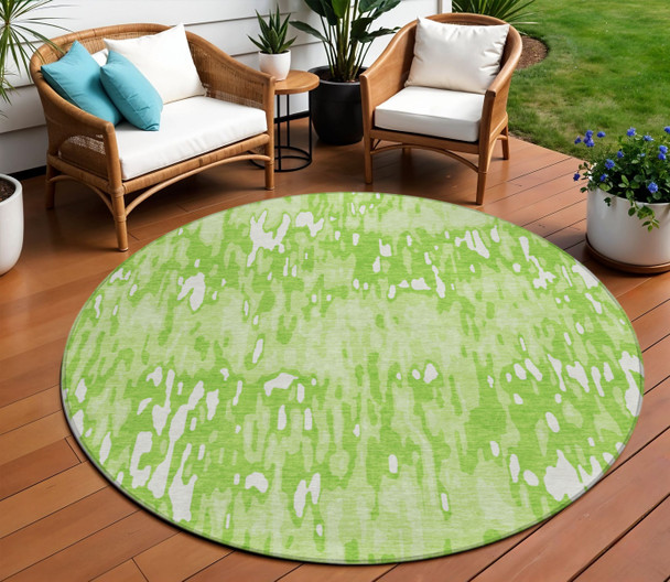 8' Lime Green And Ivory Round Striped Washable Indoor Outdoor Area Rug