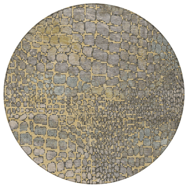8' Gold And Gray Round Abstract Washable Indoor Outdoor Area Rug