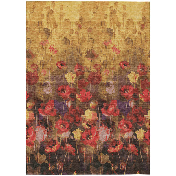 9' X 12' Gold Red And Brown Floral Washable Indoor Outdoor Area Rug