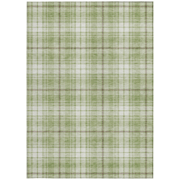 3' X 5' Artichoke Green Brown And Ivory Plaid Washable Indoor Outdoor Area Rug