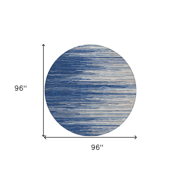 8' Navy Blue Gray And Ivory Round Striped Washable Indoor Outdoor Area Rug