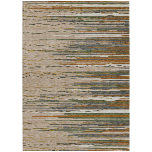 5' X 8' Taupe Copper And Green Striped Washable Indoor Outdoor Area Rug