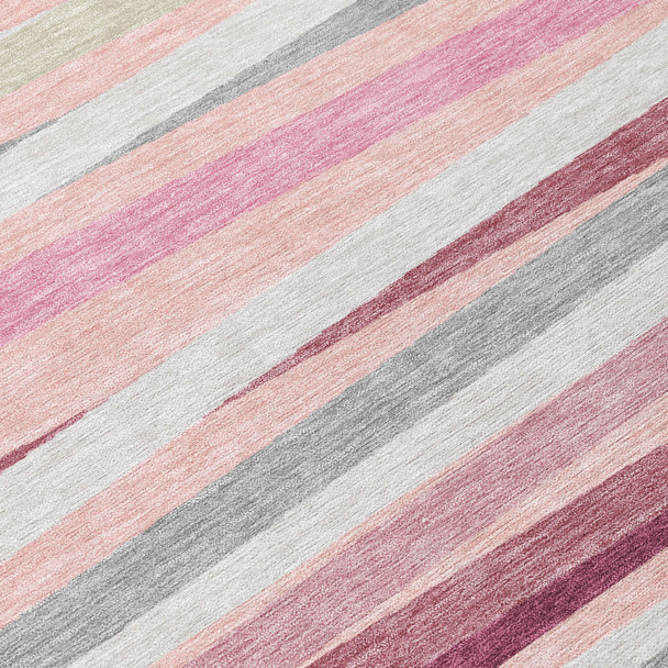 3' X 5' Pink Ivory And Gray Striped Washable Indoor Outdoor Area Rug