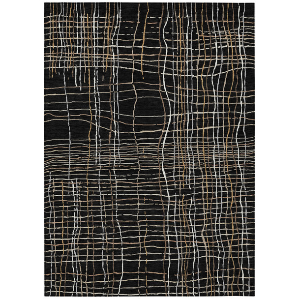 5' X 8' Black Ivory And Brown Striped Washable Indoor Outdoor Area Rug