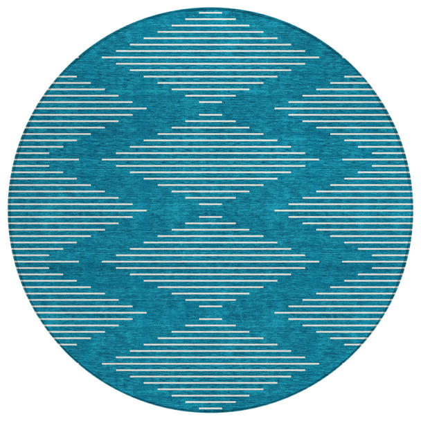 8' Teal Blue And Ivory Round Geometric Washable Indoor Outdoor Area Rug