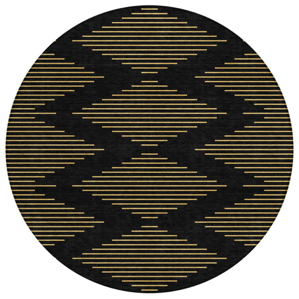 8' Black And Beige Round Geometric Washable Indoor Outdoor Area Rug