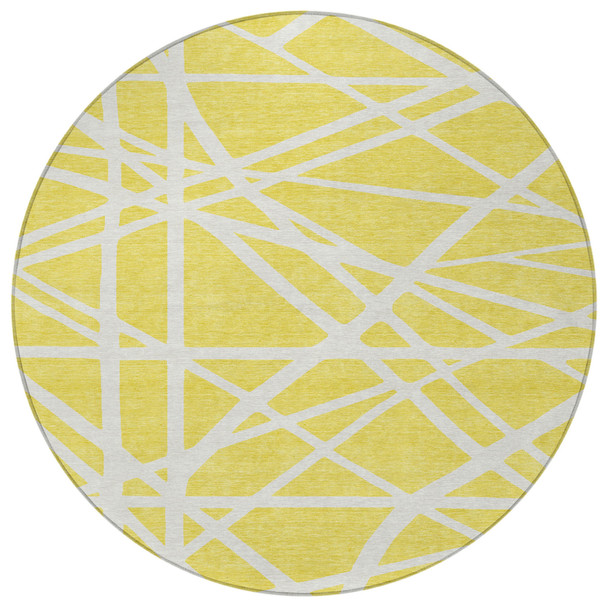 8' Yellow And Linen Round Geometric Washable Indoor Outdoor Area Rug