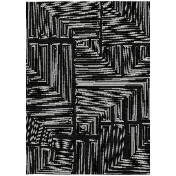 5' X 8' Black And Ivory Geometric Washable Indoor Outdoor Area Rug