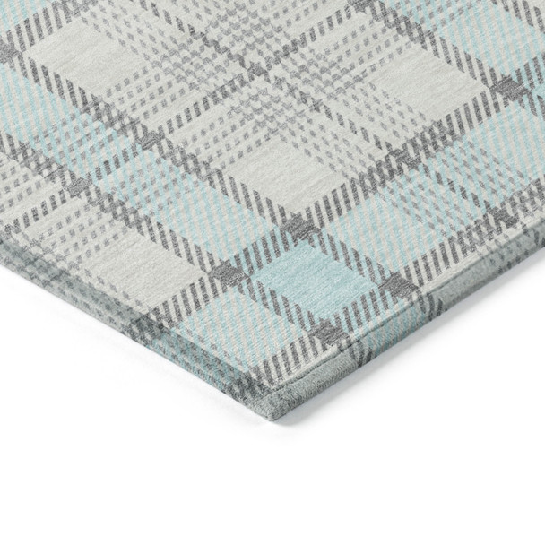 9' X 12' Sky Blue And Gray Plaid Washable Indoor Outdoor Area Rug