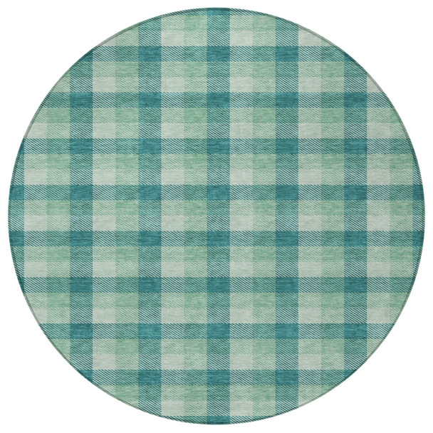 8' Blue And Green Round Plaid Washable Indoor Outdoor Area Rug