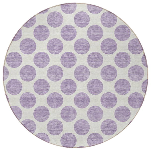 8' Lavender And Ivory Round Polka Dot Washable Indoor Outdoor Area Rug