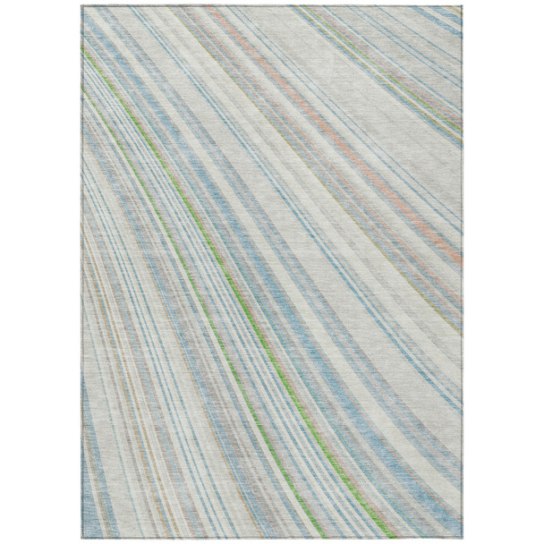 8' X 10' Ivory Blue And Green Striped Washable Indoor Outdoor Area Rug