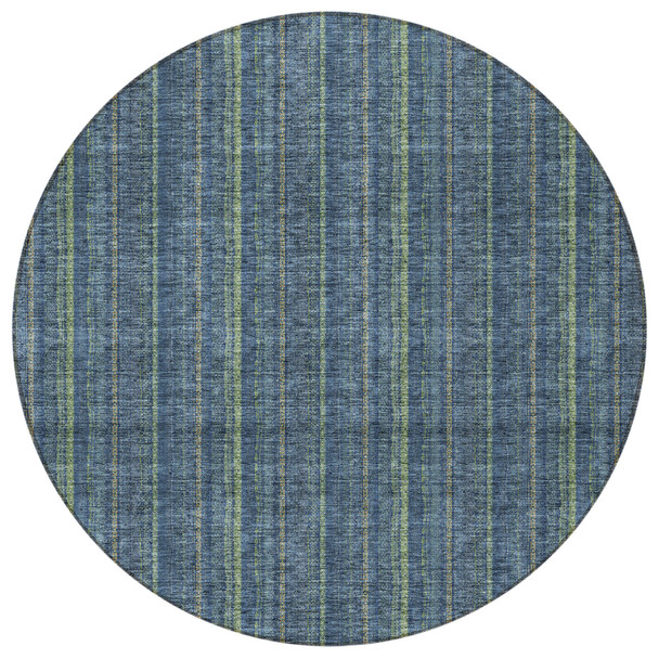 8' Blue Denim Blue And Mint Green Round Striped Washable Indoor Outdoor Area Rug